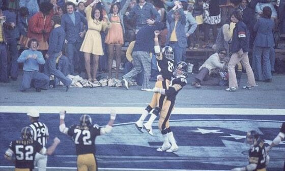 Jack Lambert celebrates Lynn Swann’s 4th quarter TD which sealed a 21-17 victory over the Cowboys in Super Bowl X, Jan 18, 1976