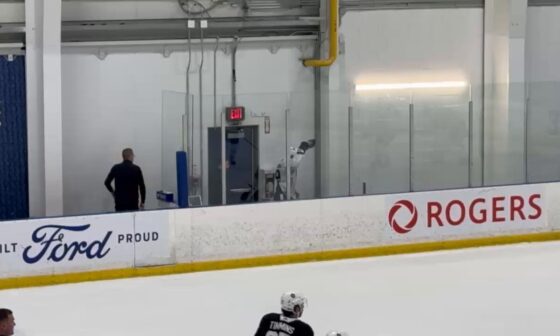 [Alter] Calle Jarnkrok slams his glove in frustration after he leaves practice early after blocking a point shot in a practice drill.