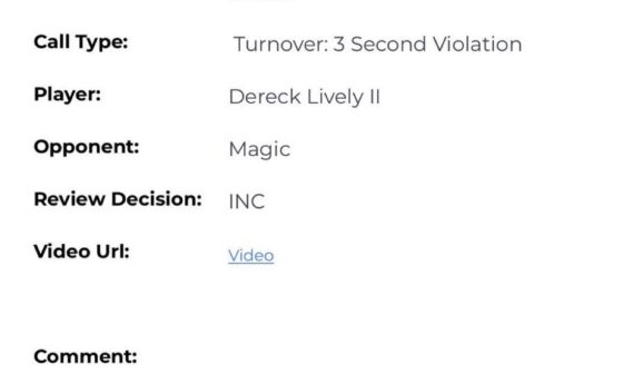 According to the L2M report: Dallas Mavericks G Tim Hardaway Jr shouldn’t have been granted a pair of free throws with 1:52 remaining in the 4th quarter, because Dereck Lively was camped in the lane for 8 seconds (3-sec violation)