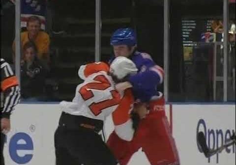 The time Steve Downie TKO'd Hugh Jessiman. Rangers announcer "Hugh's been working with a boxing instructor….and he gets tagged" from a September 2007 preseason game.