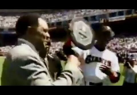 Barry Bonds Being Presented The 1992 N.L. MVP Award from His Godfather, Willie Mays