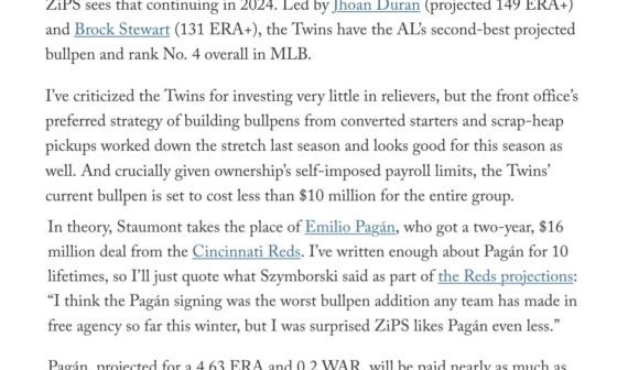 [Gleeman] FanGraphs/ZiPS projects the Twins with a top five lineup and a top five pitching staff in the AL, and within that sees the bullpen being one of the best in baseball.