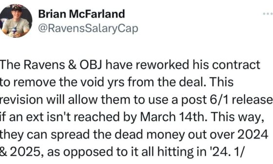 (RavensSalaryCap) The Ravens & OBJ have reworked his contract to remove the void yrs from the deal.