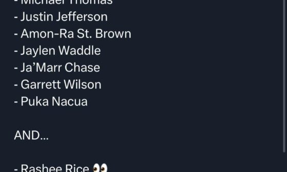[David Gauteri] Rookie WR’s with 75+ receptions & 900+ yards in the past decade: ⁃ Odell Beckham Jr. ⁃ Michael Thomas ⁃ Justin Jefferson ⁃ Amon-Ra St. Brown ⁃ Jaylen Waddle ⁃ Ja’Marr Chase ⁃ Garrett Wilson ⁃ Puka Nacua AND… ⁃ Rashee Rice 👀