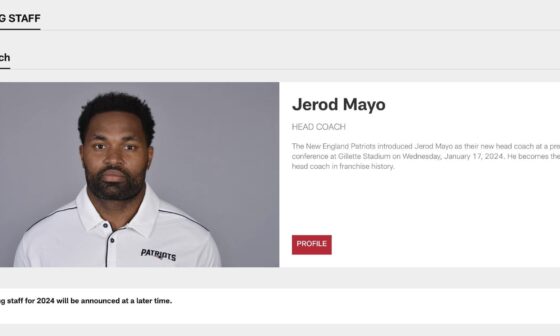 Bios for New England Patriots coaches were all removed from the @Patriots website, other than head coach Jerod Mayo. Everything is in play for the 2024 coaching staff. Will be interesting to see who will be back. "The coaching staff or 2024 will be announced at a later time."