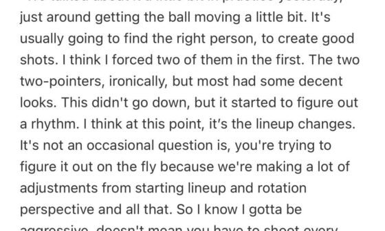 Various quotes from Steph’s post-game last night re: his approach to trying to find his shot in the 1st Q, the impact of not having Draymond on the defense & him personally on offense, and his thoughts on assessing what the team is capable of going forward