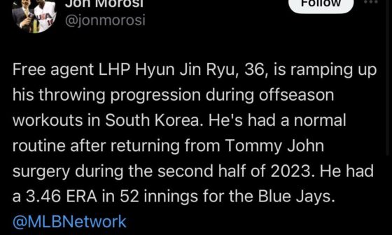 [Morosi] Free agent LHP Hyun Jin Ryu, 36, is ramping up his throwing progression during offseason workouts in South Korea. He's had a normal routine after returning from Tommy John surgery during the second half of 2023. He had a 3.46 ERA in 52 innings for the Blue Jays.