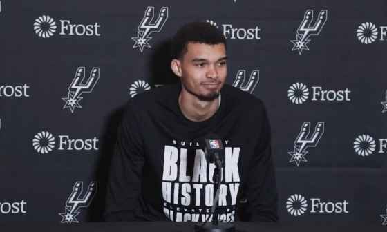 Wemby's the 1st rookie since David Robinson to get 10 blocks; asked how much of his game he got to watch: "Not much growing up, it's before my time. Since I'm with the Spurs I've learned... — it's great company to have my name next to him; it counts even more since it's family, it's from the Spurs"