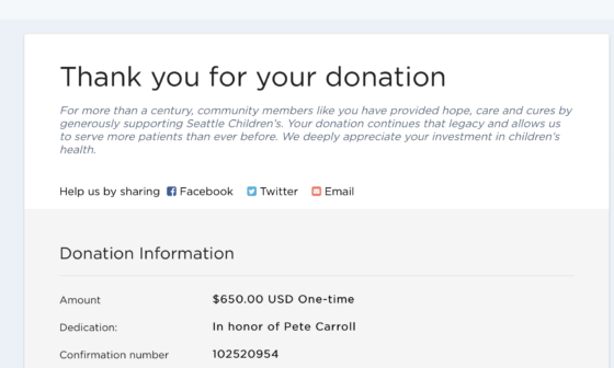 $650 donation made to Seattle Children's in honor or Pete, using all the leftover funds from the Seattle Times ad campaign. Thank you all for contributing!