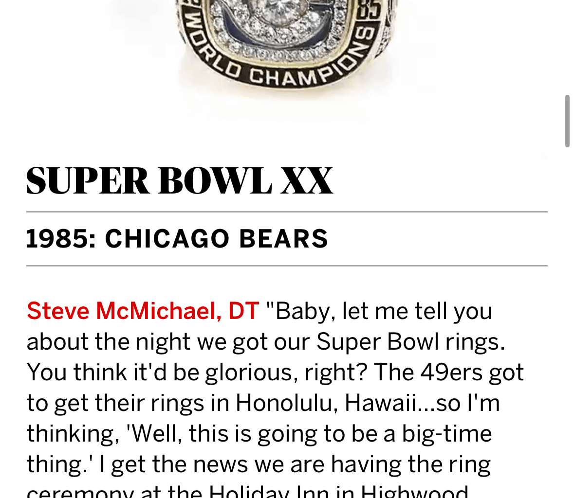 The story of the Bears only SB ring.