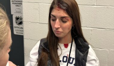 [St Louis Blues] When Nathan Walker hit the crossbar in warm-ups before a recent home game, the puck sailed over the glass and hit photography assistant Lexie Knight. Luckily, she has made a full recovery and now has a signed stick (and sweater with out blood) courtesy of The Walkers.