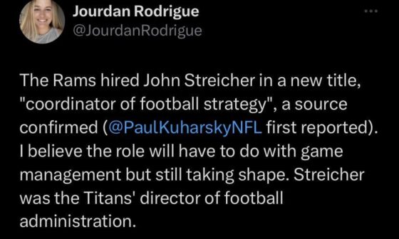The Rams hired John Streicher in a new title, "coordinator of football strategy", a source confirmed (@PaulKuharskyNFL first reported). I believe the role will have to do with game management but still taking shape. Streicher was the Titans' director of football administration.