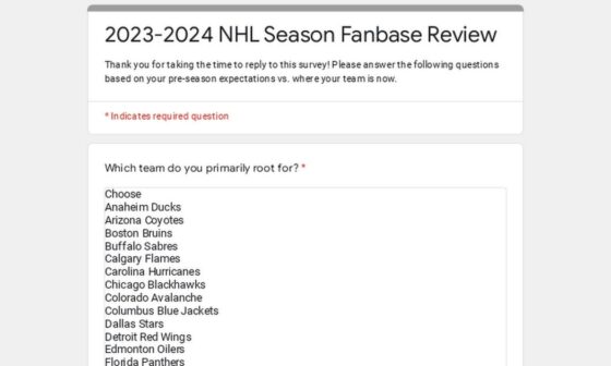 If anyone has time and wouldn't mind filling out an NHL survey for a personal project I'm working on, I would greatly appreciate it!