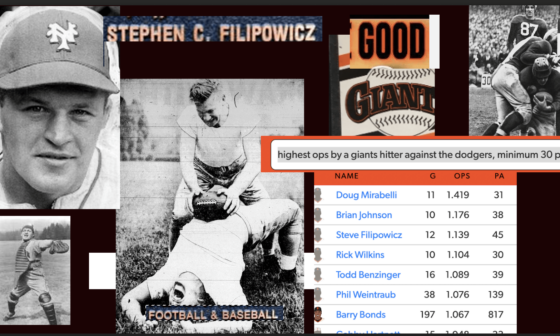 I just stumbled upon an all-time Good Giant. Steve Filipowicz played 1943-44 for the NY Giants, hitting .203 with a .543 OPS in 164 PA. However, he absolutely destroyed the Dodger Bums: hitting .390 with a historically stellar 1.139 OPS over 45 PA! Oh he ALSO played in the NFL, for 1 team: NY Giants