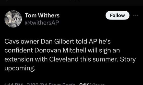 Tom Withers (@twithersAP) on X: Cavs owner Dan Gilbert told AP he's confident Donovan Mitchell will sign an extension with Cleveland this summer. Story upcoming.