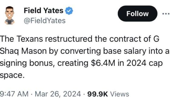 The Texans restructured the contract of G Shaq Mason by converting base salary into a signing bonus, creating $6.4M in 2024 cap space.