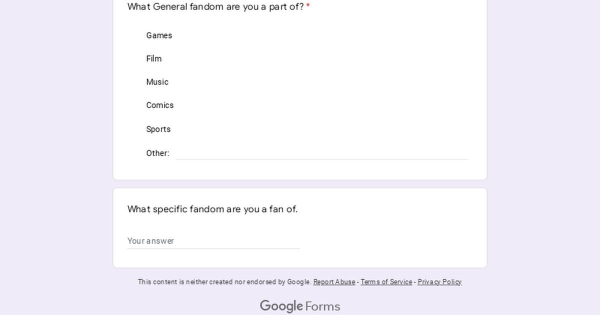 I’m collecting research data for a college Sociology research paper about fandoms. Please help me by filling out this form.