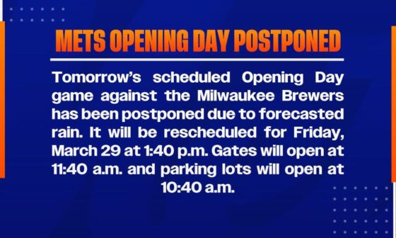 Tomorrow’s scheduled Opening Day game against Milwaukee has been postponed due to forecasted rain. It will be rescheduled for Friday, March 29 at 1:40 p.m.