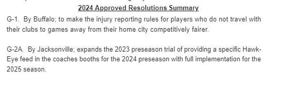 [Demetrius Harvey] Resolution the #Jaguars proposed has passed.   It expands a trial from the 2023 preseason of providing a specific hawk-eye feed in the coaches booth for the 2024 preseason with full implementation during the 2025 season.