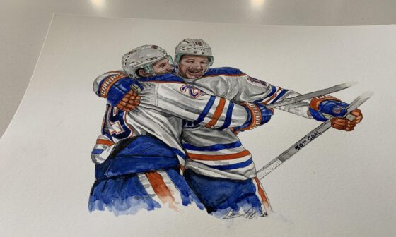 As requested by my Oilers fans, Here’s my latest watercolour sketch of Zach Hyman’s 50th goal celebration with Drai. Hope you like it.  Thanks for all the support  Go Oilers   🎨