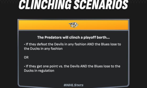 Playoff Scenario #2: Preds Clinch with Win + Blues Loss OR 1 Point vs NJ + Blues Regulation Loss