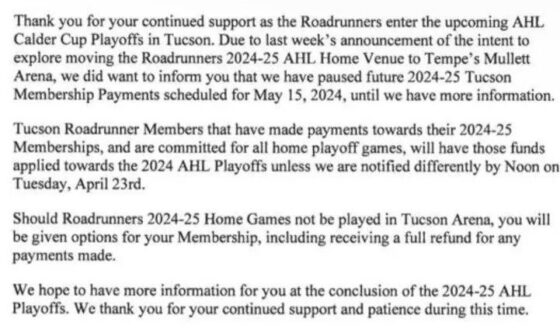 [@theazsportsguy] The Tucson Roadrunners sent this out recently. (I grabbed a copy from Facebook) We'll see how this plays out.