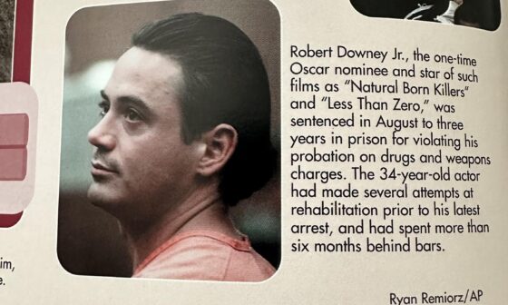 This news blurb from my yearbook in 1999, talking about the downfall of Robert Downey Jr.