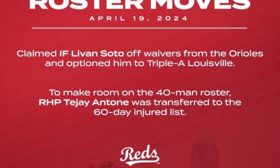 Roster Moves - 4/19/24 - Antone to 60-Day IL, IF Livan Soto claimed from Orioles