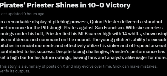 Apparently, the Pirates beat the Giants yesterday 10-0, at least according to Twitter's Grok AI