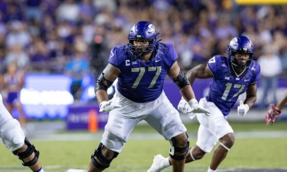 [uSTADIUM] #TCU OL Brandon Coleman ( @b_coleman77 ) has seen his stock soar during the draft process. Many analysts have a day 2 grade on him and he’s already visited with the #Eagles, #Browns, #Bengals, #Cowboys, #Chargers and will be with the #Commanders next week.
