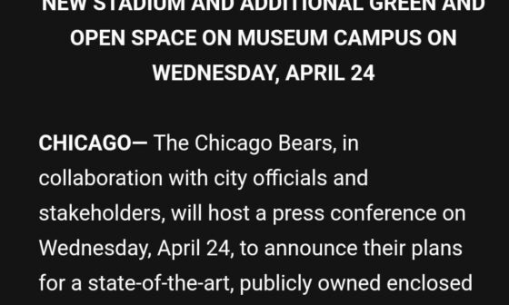 [Kevin Powell] The #Bears will hold a press conference on Wednesday to announce plans for a new publicly owned stadium on the lakefront: