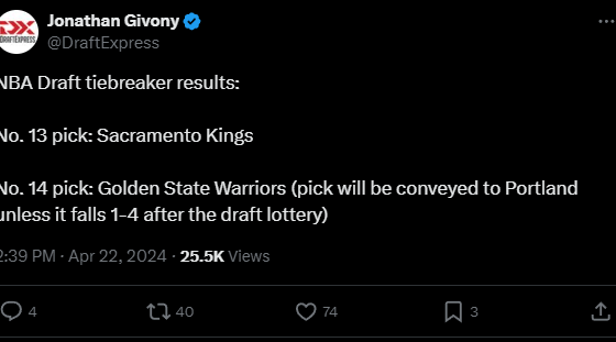 NBA Draft tiebreaker Results: Golden State Warriors lose the coinflip to the Sacramento Kings giving them the 14th pick making it extremely likely it will convert to Portland (3.4% chance of jumping into the top 4)