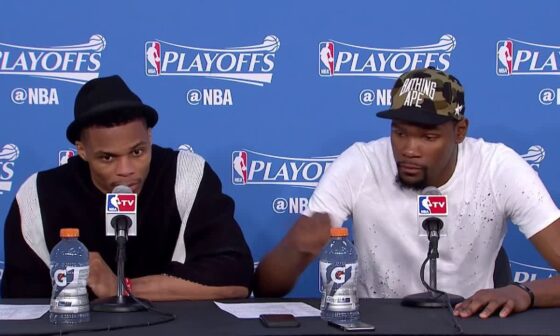 Reporter asks Westbrook about comments made by Mark Cuban saying Durant was the only superstar in OKC. Durant's response was priceless.