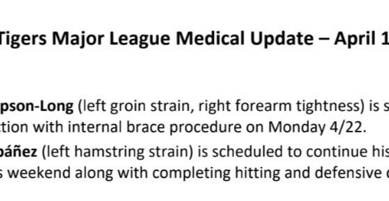 [Woodbery] Tigers right-hander Sawyer Gipson-Long is undergoing Tommy John surgery on Monday. It’s the type of UCL reconstruction that uses an internal brace (similar to Spencer Strider’s recent surgery).   SGL will miss all of 2024.