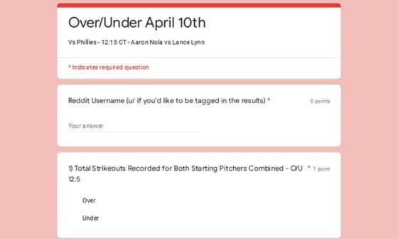 Over/Under April 10th - Vs Phillies- 12:15 CT - Aaron Nola vs Lance Lynn
