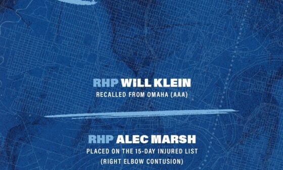 [Royals] RHP Will Klein has been recalled from AAA Omaha, with RHP Alec Marsh being placed on the 15-day IL for right elbow contusion.