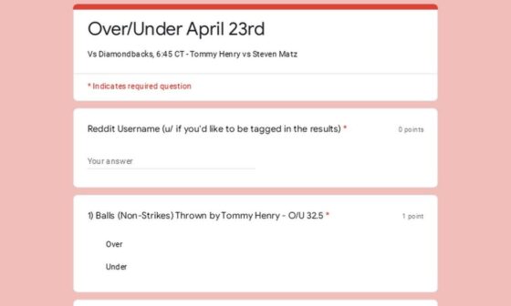 Over/Under April 23rd - Vs Diamondbacks, 6:45 CT - Tommy Henry vs Steven Matz