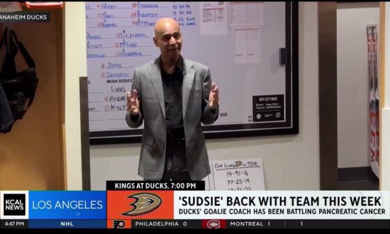 [Sports Central LA] "AnaheimDucks goalie coach Sudarshan "Sudsie" Maharaj is back with the team! He was diagnosed with pancreatic cancer a year ago and has had a long road to this point."