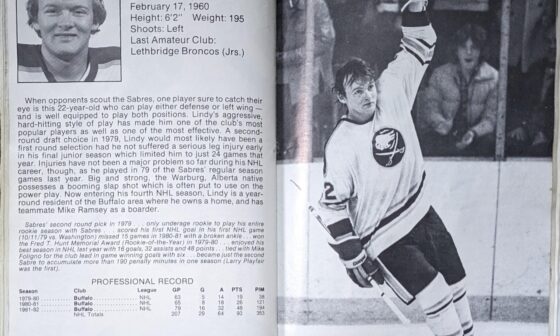 Lindy Ruff as a Sabres player (1982-1983 media guide)