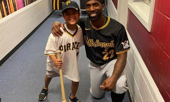 The father-son team who caught Cutch’s 300th home run have a backstory.  The young boy has Leukemia.
