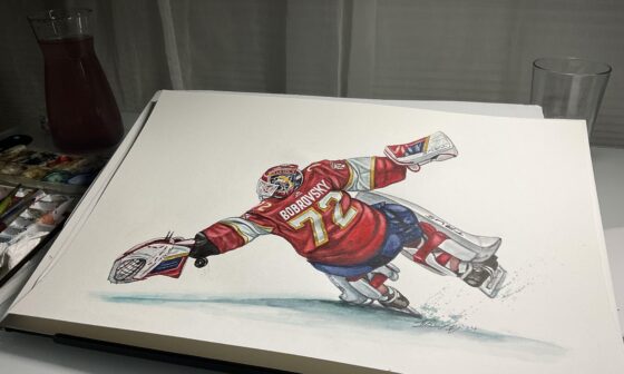 As requested by my Panthers 🐆 fans, Here’s my latest watercolour painting of Sergei Bobrovsky amazing back save! This is the save of the year! Hope you like it . 🙏 🎨 MikeNguyenArt