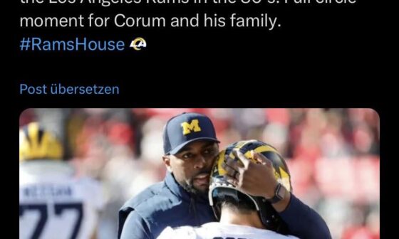 Blake Corum’s father James Corum played for the Los Angeles Rams in the 80’s. Full circle moment for Corum and his family. #RamsHouse