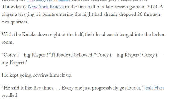 Tom Thibodeau's locker room reaction to Corey Kispert scoring 20 points in a half vs the Knicks