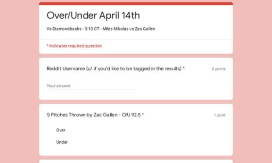 Over/Under April 14th - Vs Diamondbacks - 3:10 CT - Miles Mikolas vs Zac Gallen