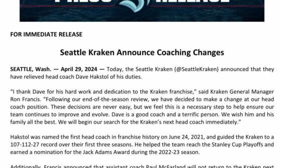 📢 Kraken announce Coaching Changes