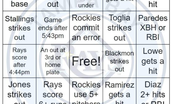 Rays vs Rockies Bingo, 4/07/2024