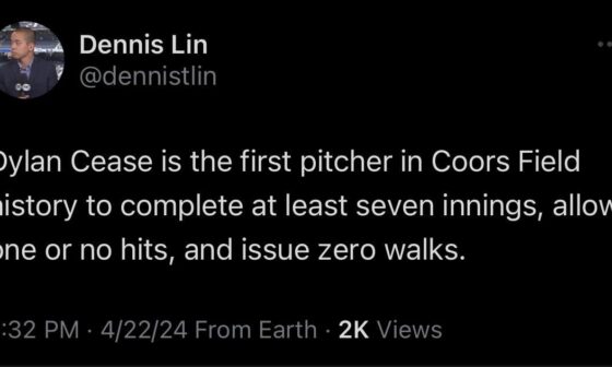 [Lin] Dylan Cease is the first pitcher in Coors Field history to complete at least seven innings, allow one or no hits, and issue zero walks.