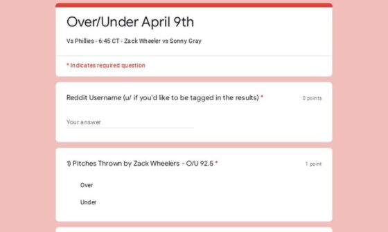 Over/Under April 9th - Vs Phillies- 6:45 CT - Zack Wheeler vs Sonny Gray