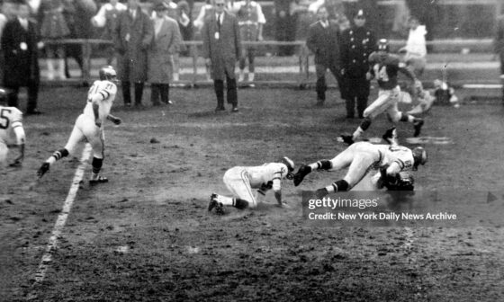 Chuck Bednarik lands on unconscious New York Giants Frank Gifford with jarring impact