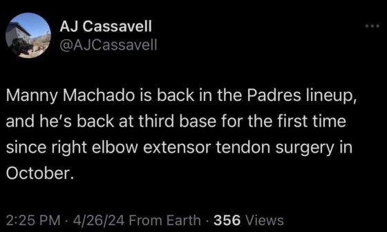 [Cassavell] Manny Machado is back in the Padres lineup, and he’s back at third base for the first time since right elbow extensor tendon surgery in October.